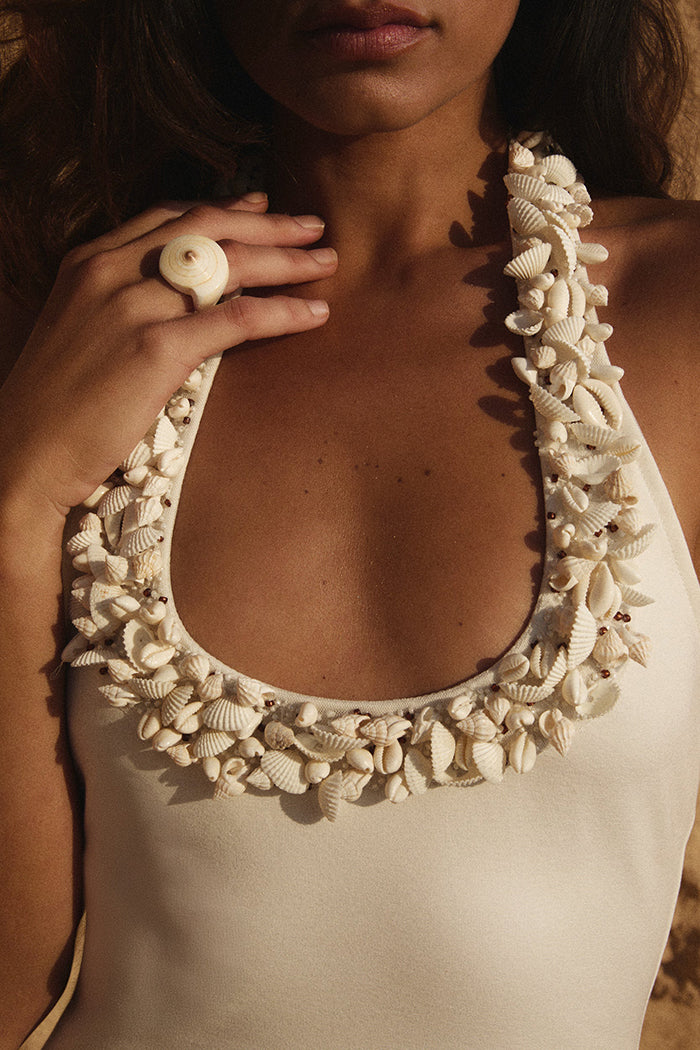 Shell Beaded Halter Neck Mini Dress