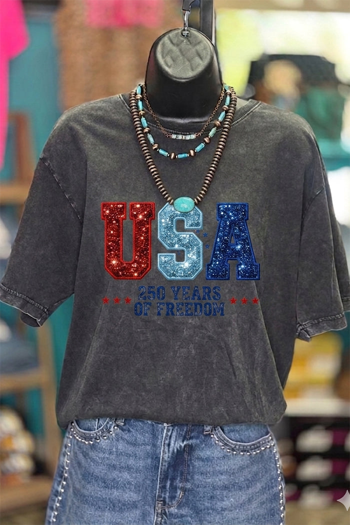 Patriotic USA Letter Crew Neck Tee