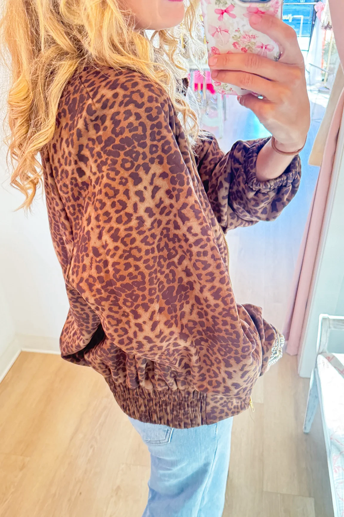 Leopard Print Hooded Drawstring Zipper Bomber Jacket