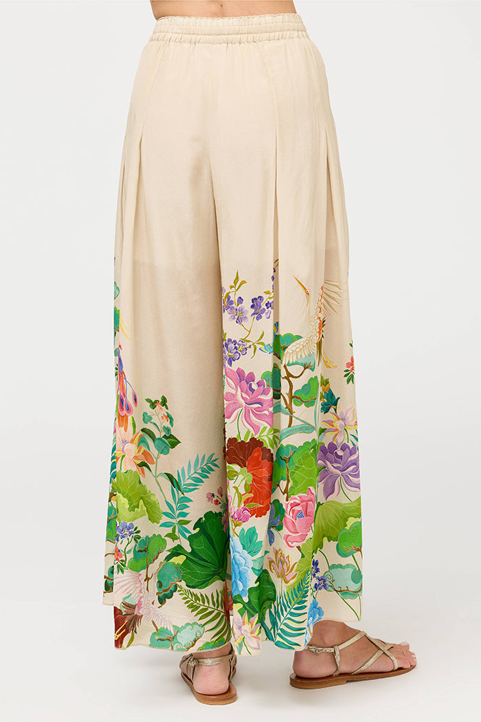 Border Floral Drawstring Waist Wide Leg Two Piece Set