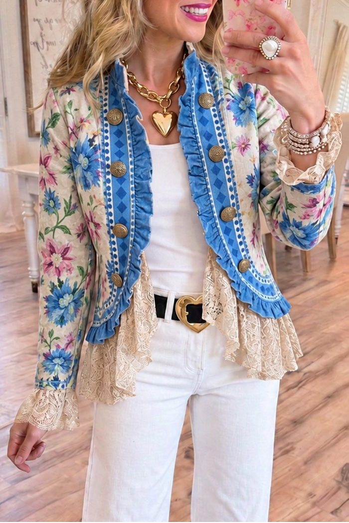 Floral Print Blue Ruffle Lace Hem Jacket