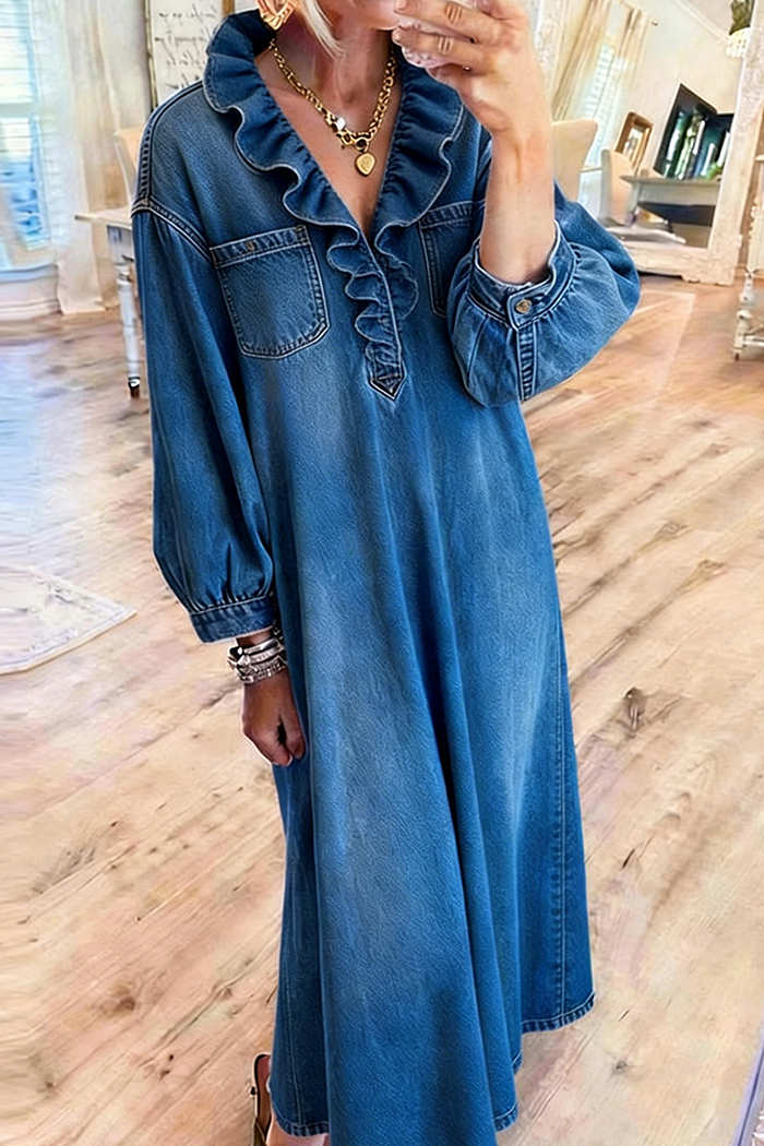 Ruffled Neck Pocketed Denim Maxi Dress
