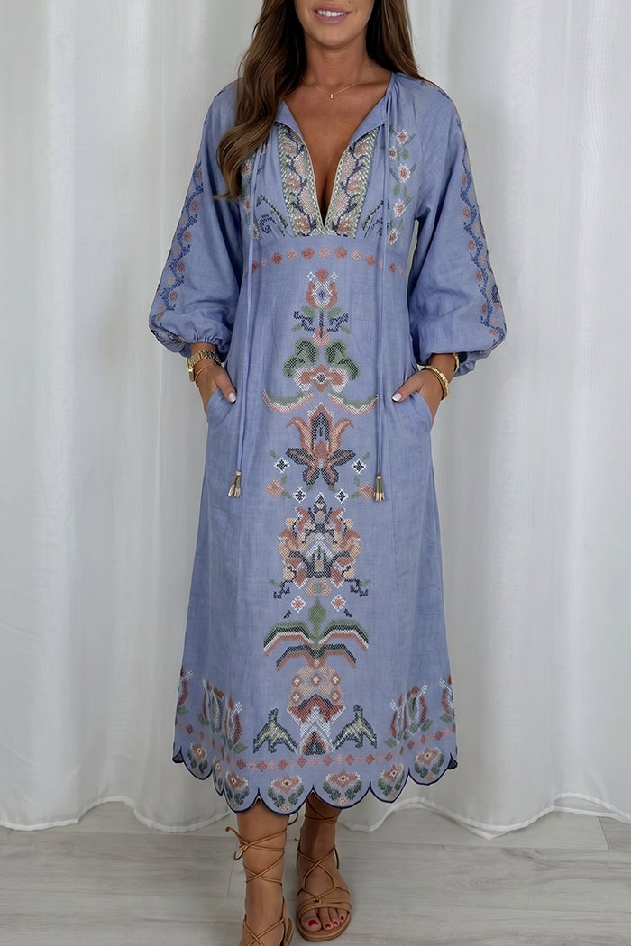 Periwinkle Scalloped Hem Long Sleeve Floral Pocket Dress