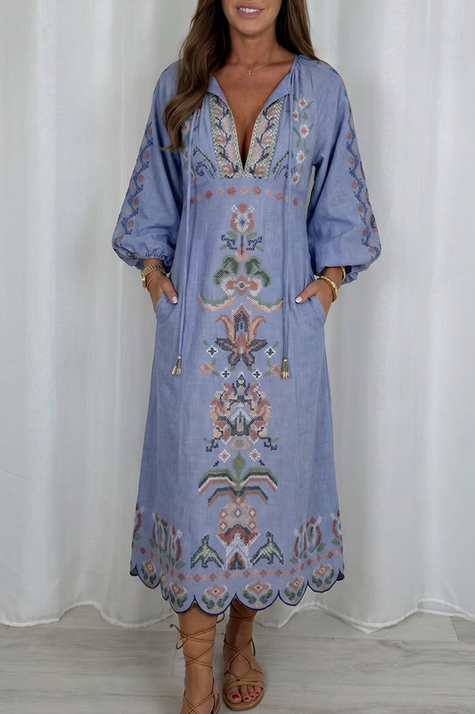Periwinkle Scalloped Hem Long Sleeve Floral Pocket Dress
