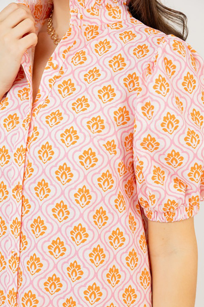 Printed Puff Sleeve Button Pocket Midi Dress