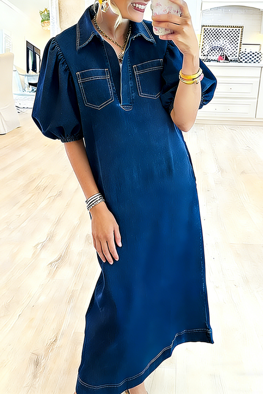 Collared Puff Sleeve Chest Pocket Denim Maxi Dress