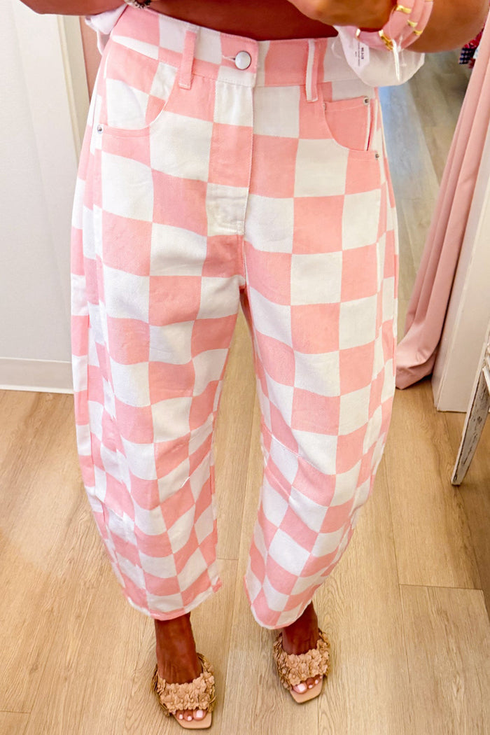 Pink Checkered Print Pocket Barrel Pants
