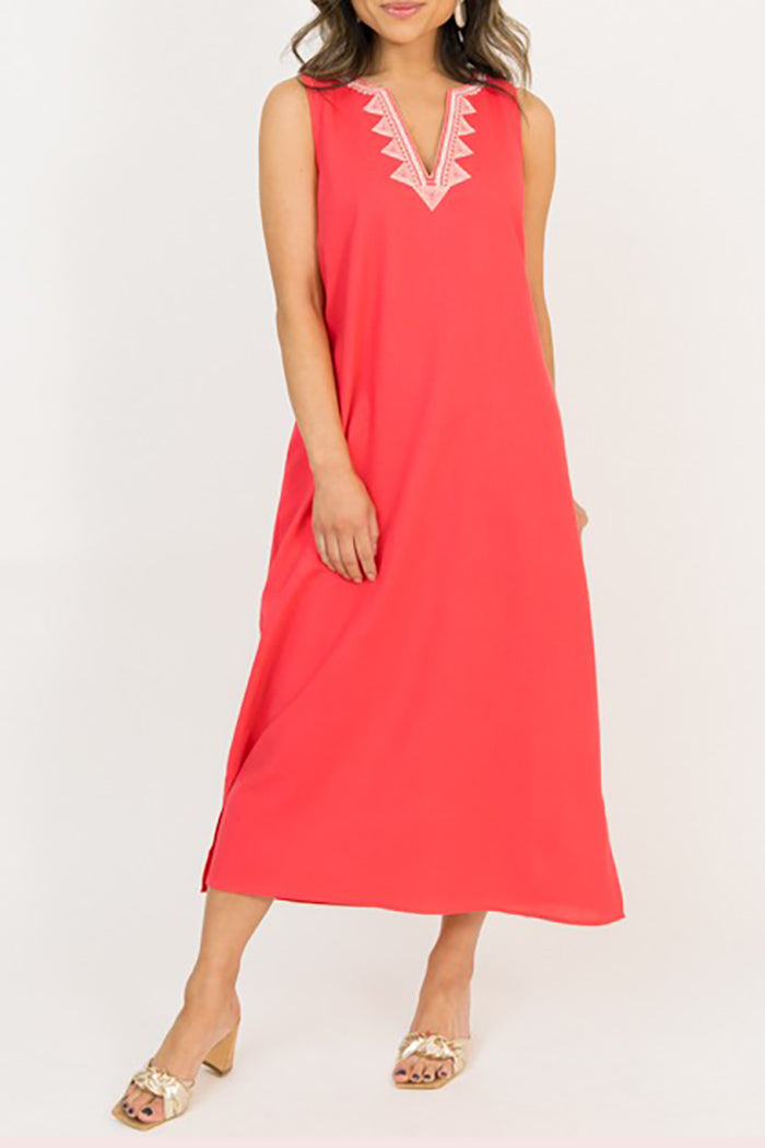 Embroidery Sleeveless Pocket Midi Dress