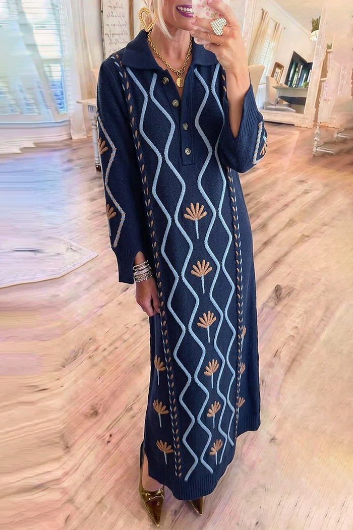 Navy Jacquard Knit Collared Long Sleeves Maxi Dress