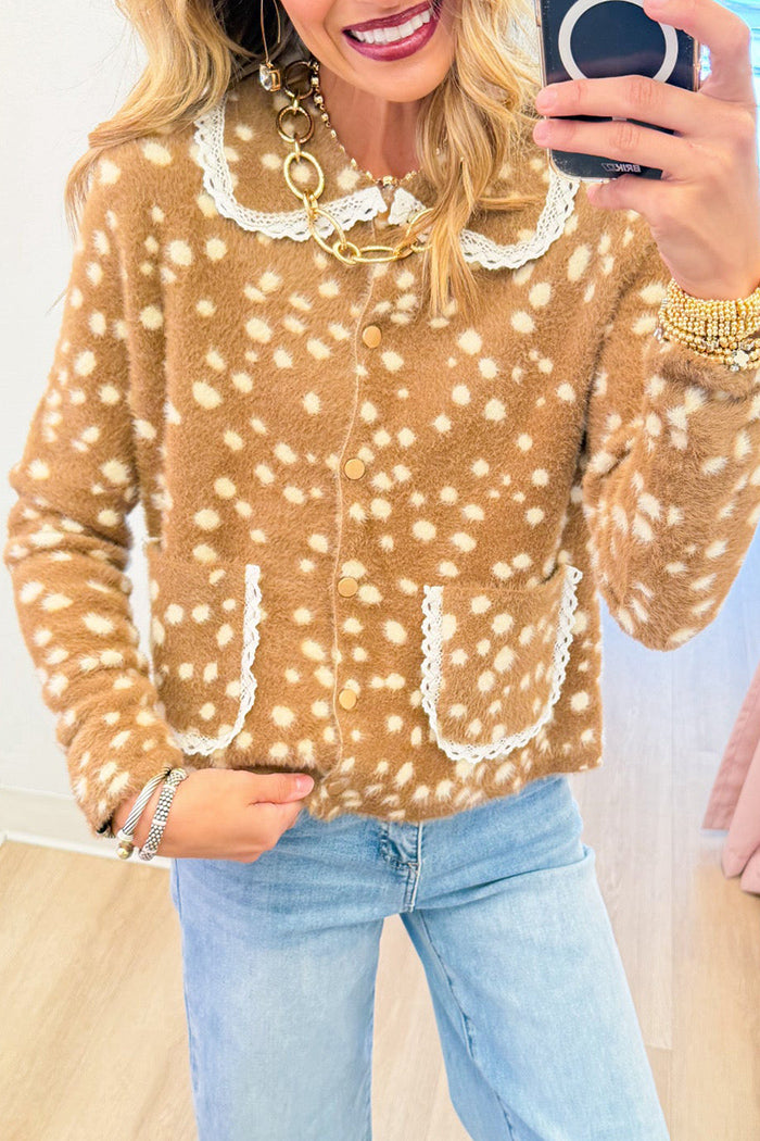Deer Print Lace Trim Button Cardigan