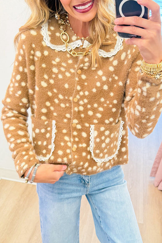 Deer Print Lace Trim Button Cardigan