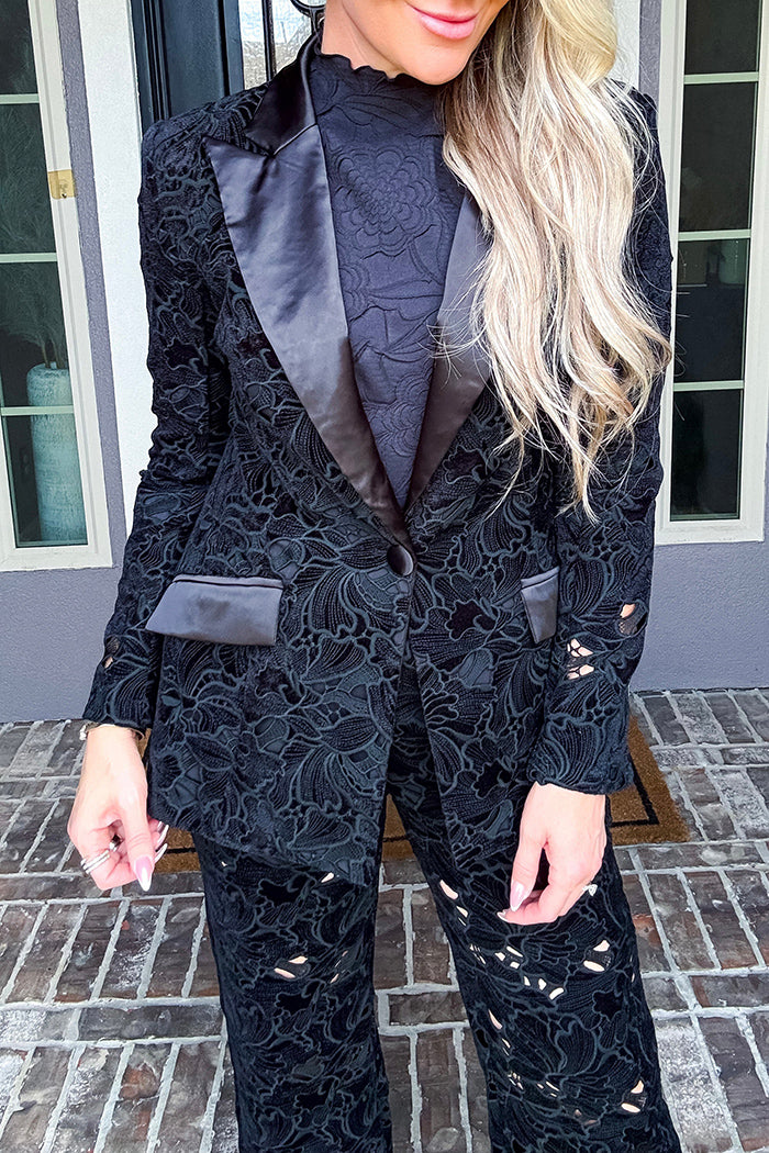 Black Lace Satin Lapel Blazer