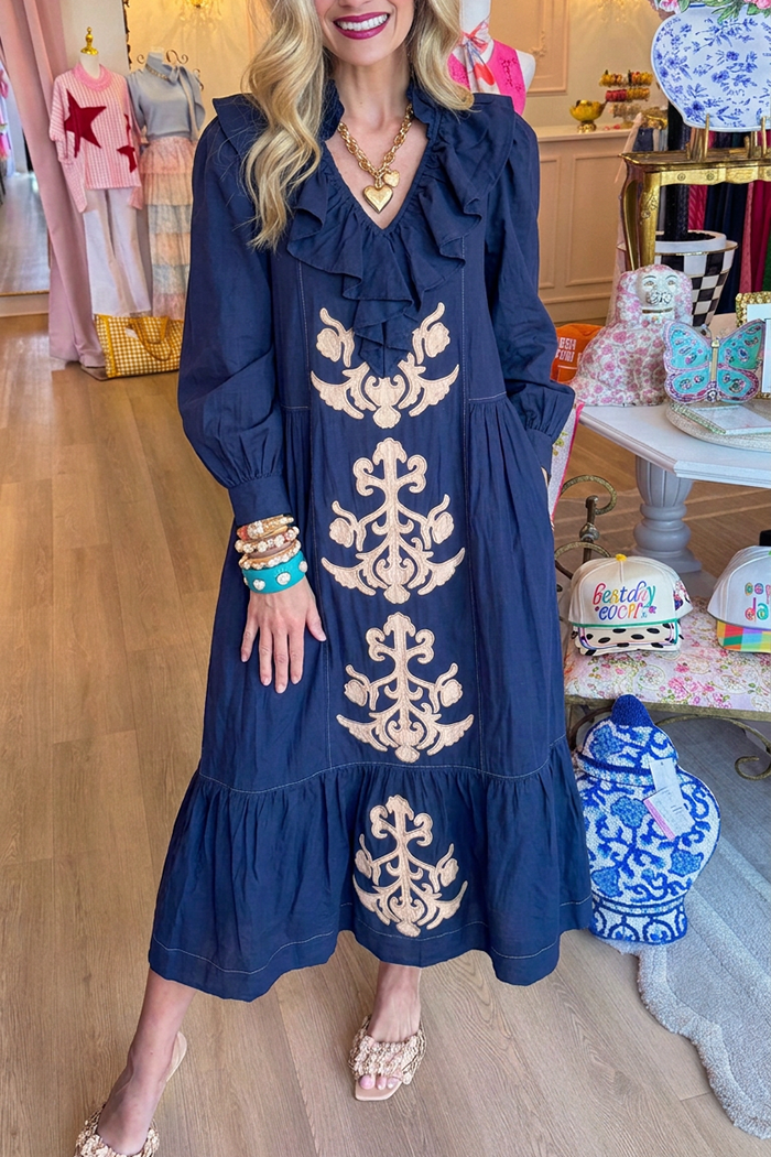 Ruffle Neck Pocket Denim Long Sleeve Maxi Dress