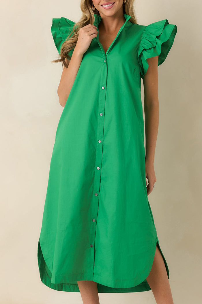 Ruffle Button-Front Pocket Midi Dress