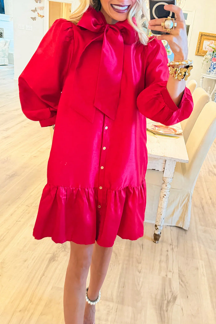 Bow Detail Ruffle Hem Pocket Dress