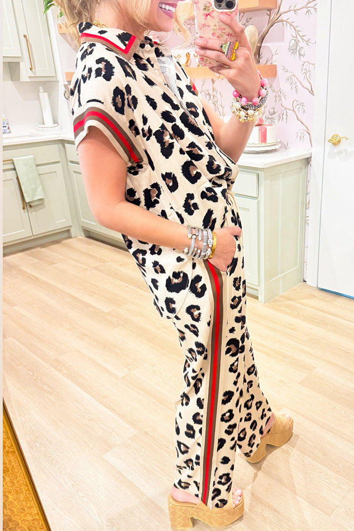 Leopard Print Contrast Trim Pant Set