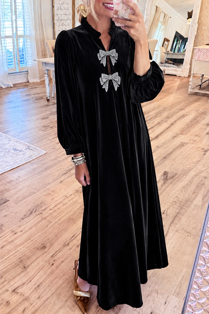 Black Velvet Ruffle Neck Rhinestone Bow Maxi Dress