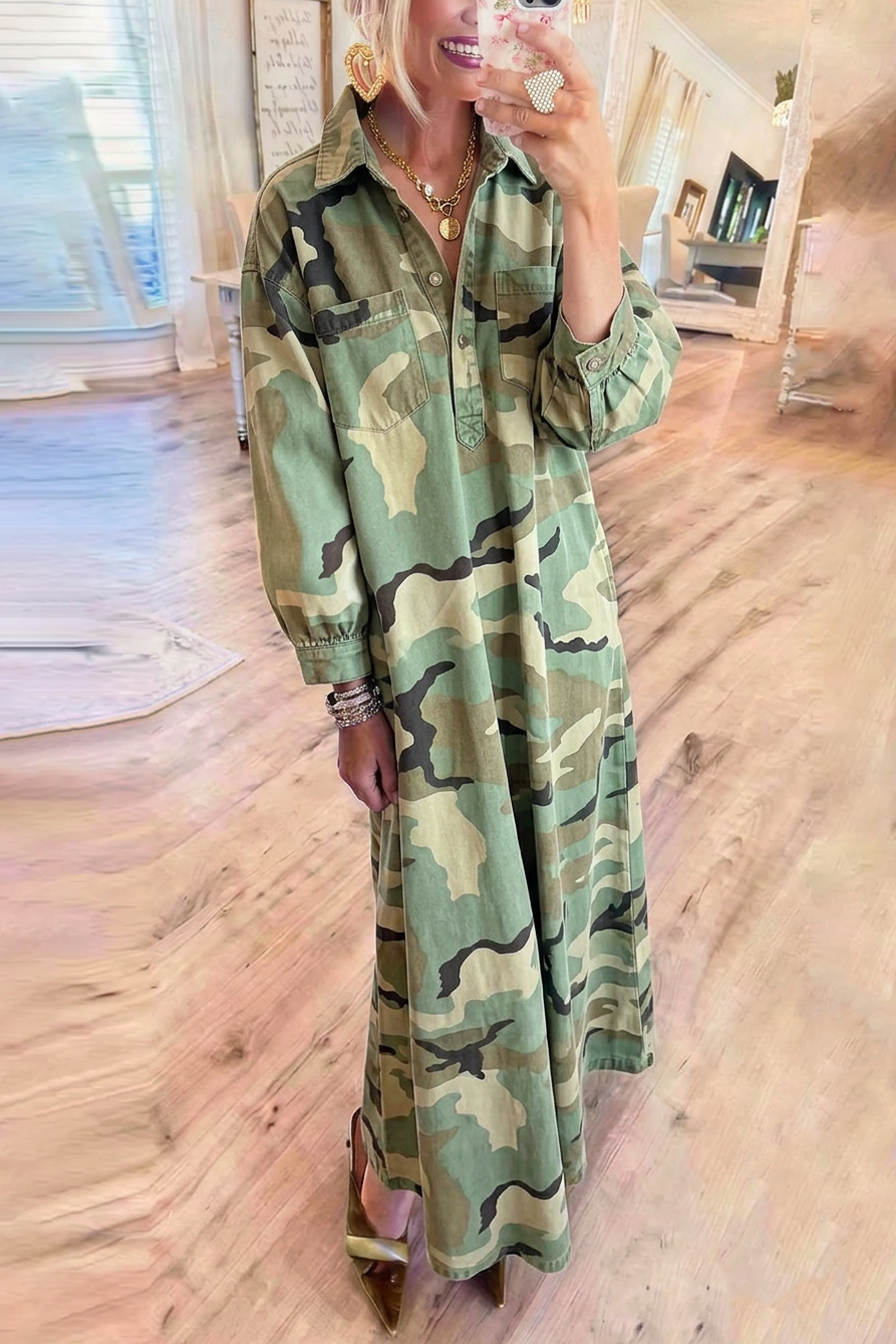 Camo Denim Long Sleeve Maxi Dress