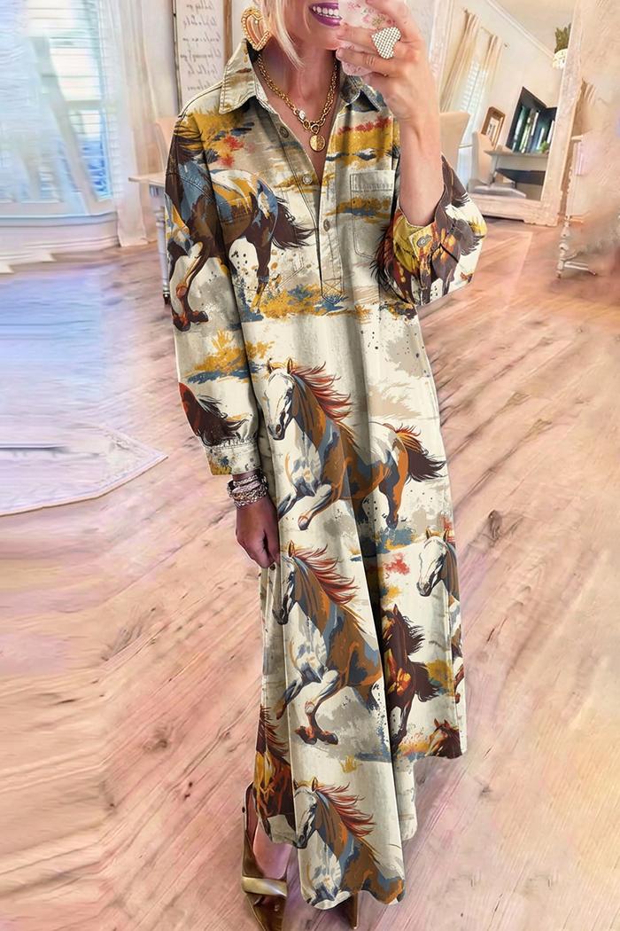 Horse Print Denim Collared Puff Sleeve Chest Pocket Maxi Dress