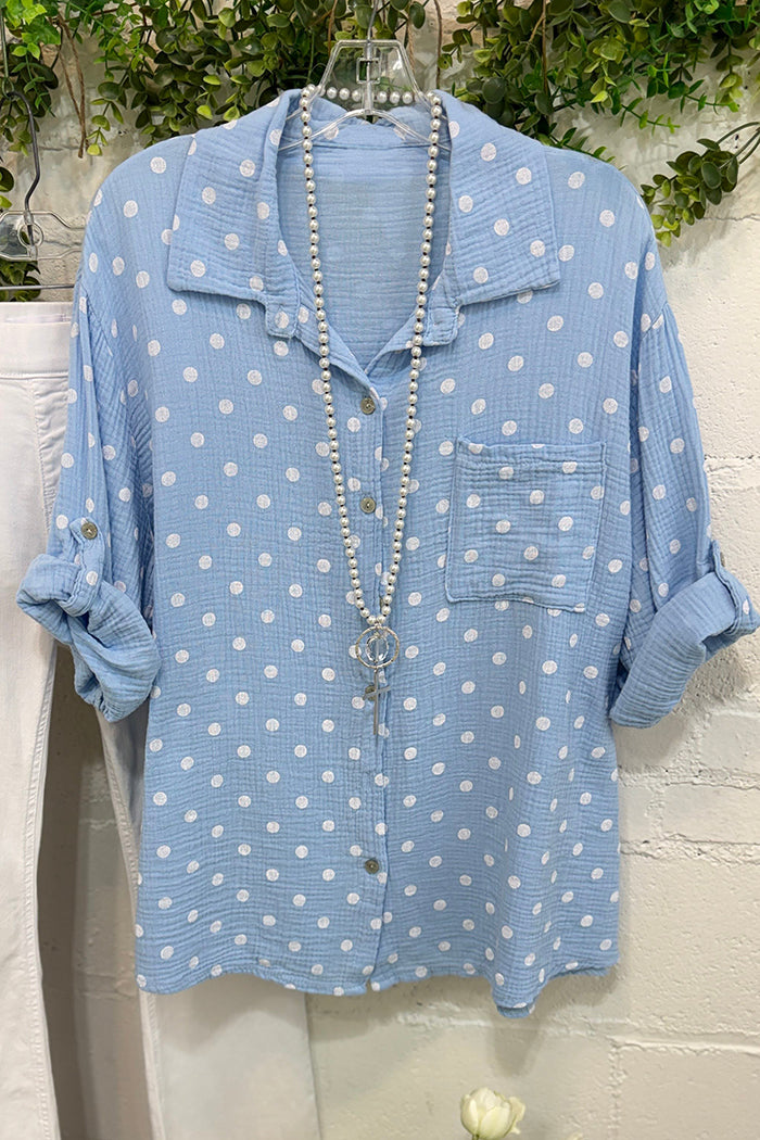Polka Dot Roll Tab Sleeve Button Down Top