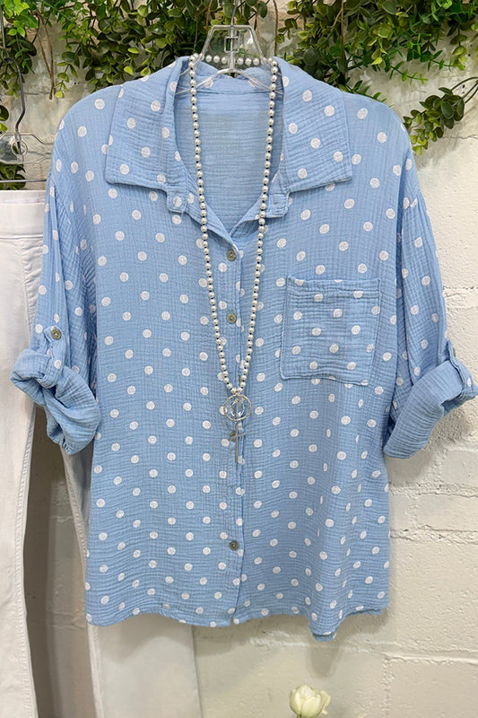 Polka Dot Roll Tab Sleeve Button Down Top