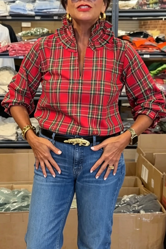 Plaid Print Ruffle Collar Top