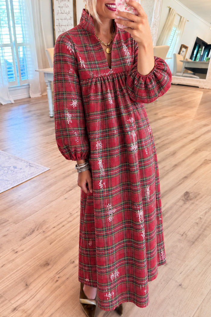 Red Tartan Plaid Sequin Maxi Dress