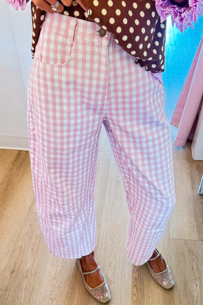 Pink Gingham Twill Barrel Pants