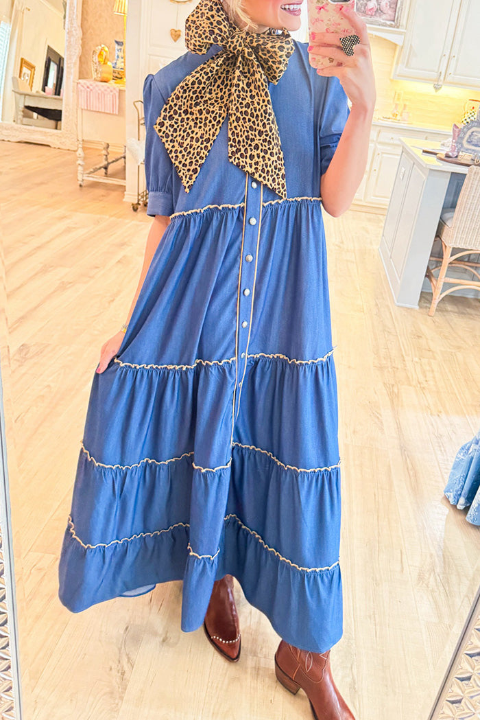 Pocketed Denim Contrast Piping Maxi Dress