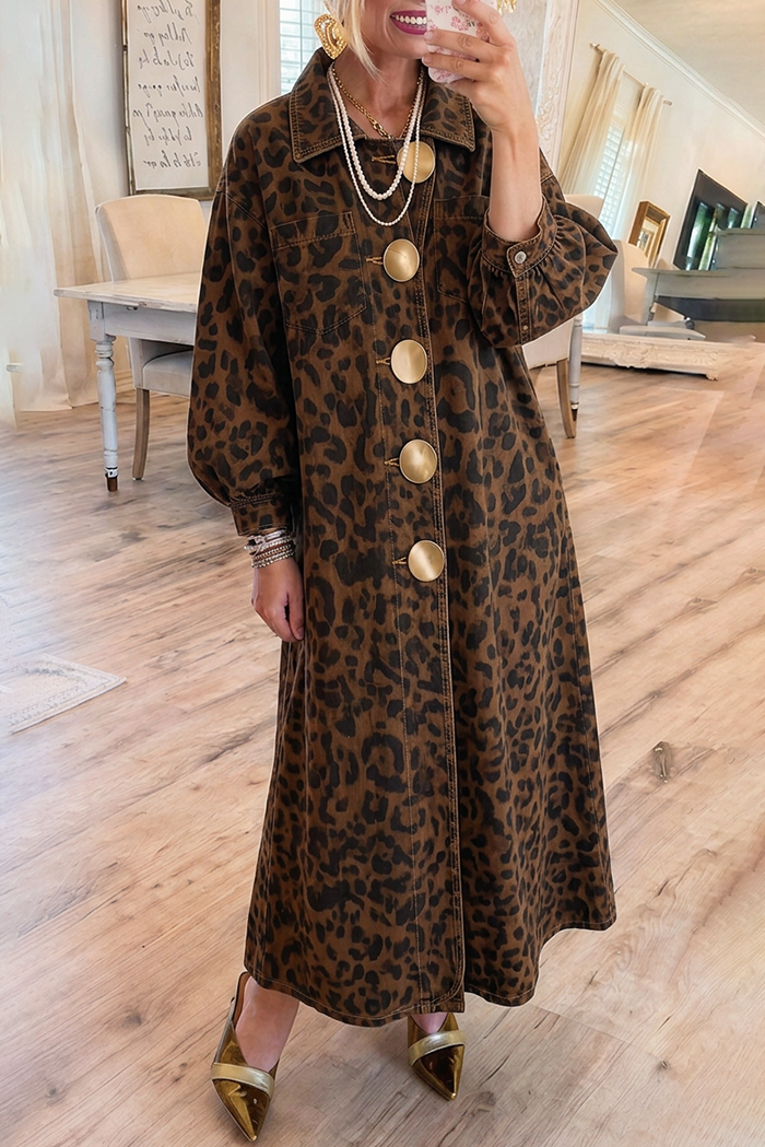 Brown Leopard Pockets Gold Buttons Bubble Long Sleeves Denim Dress