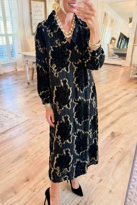 Floral Applique Ruffle Collar Maxi Dress