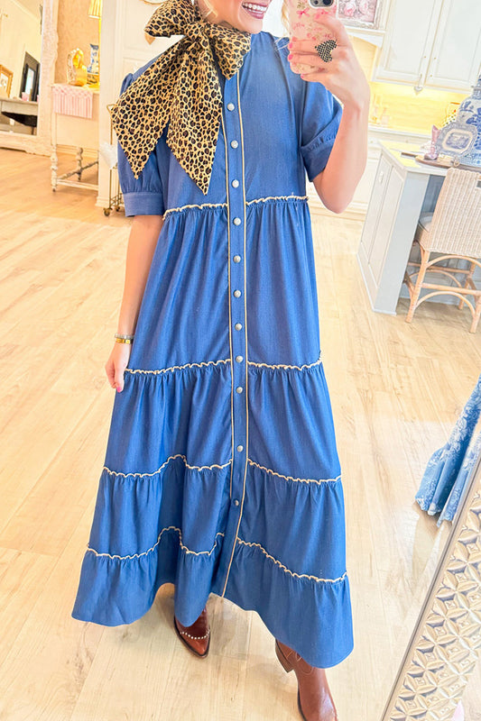 Pocketed Denim Contrast Piping Maxi Dress