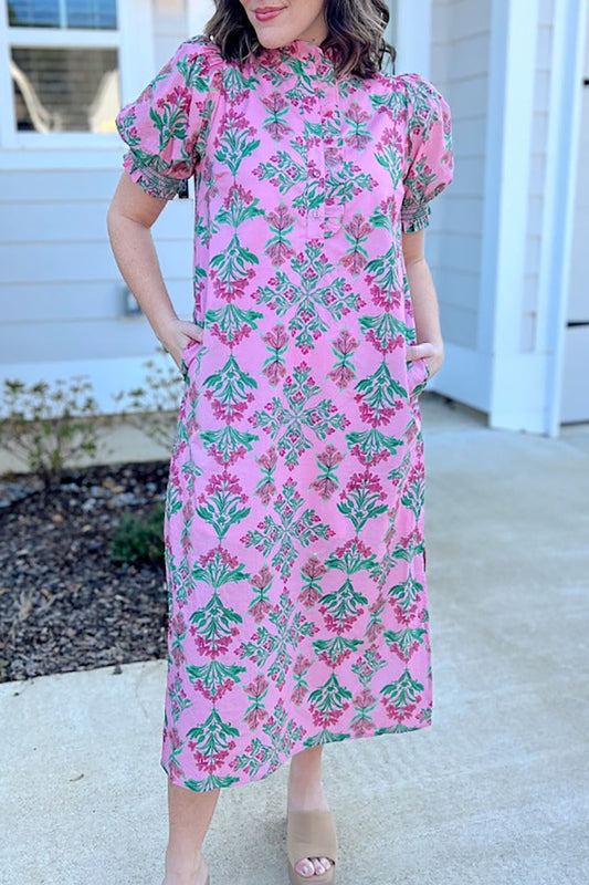 Floral Puff Sleeve Pocket Dress