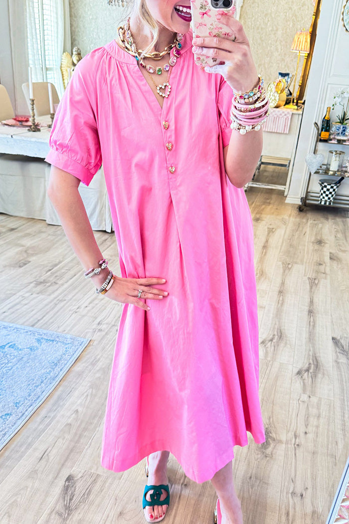 Pink Gold Heart Button Short Sleeve Midi Dress