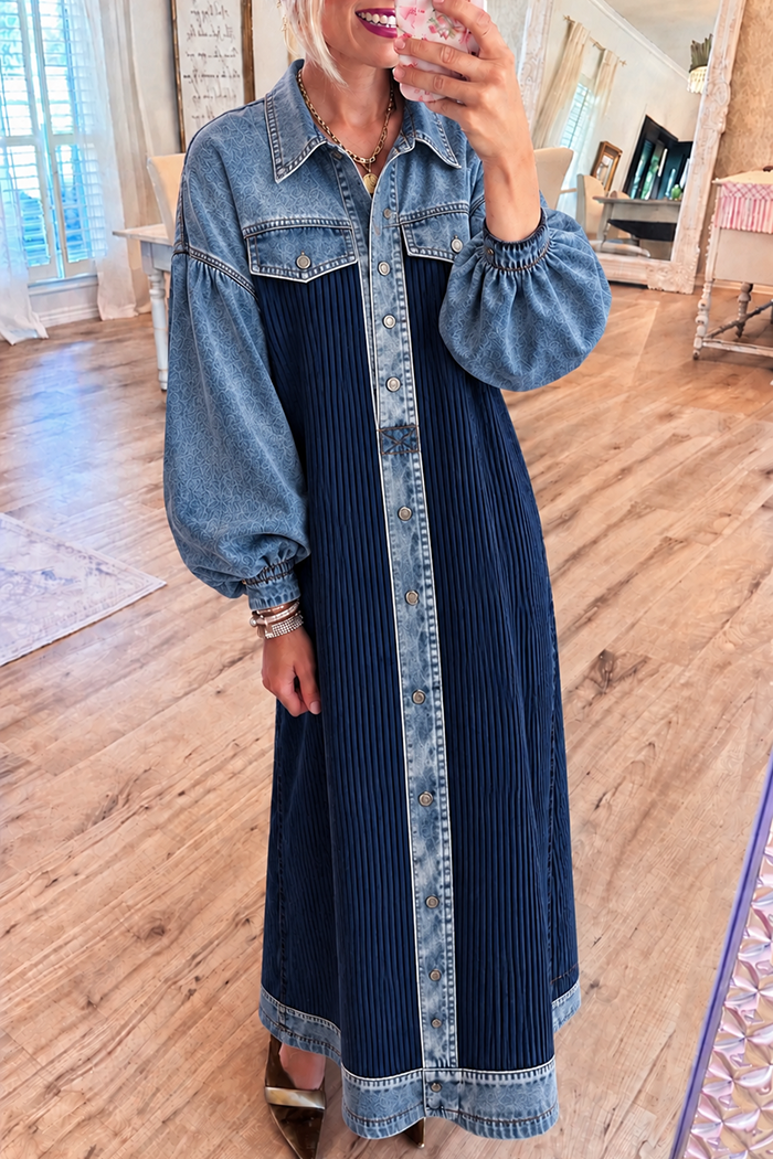 Full Button Denim Rib Pockets Maxi Dress