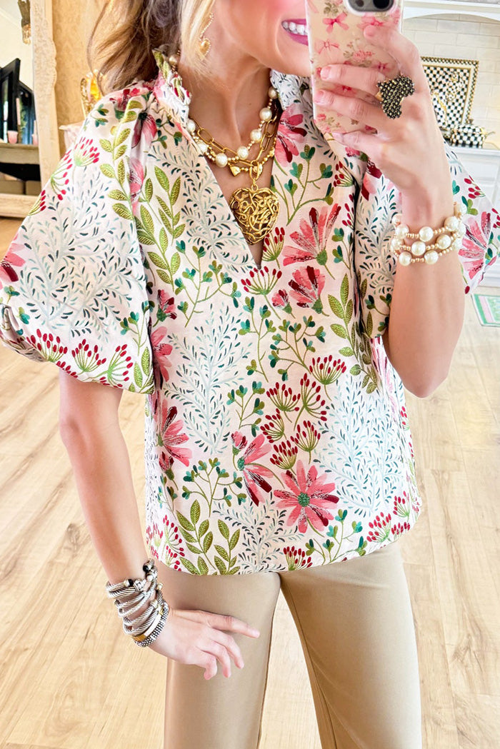 Ruffled Collard Puff Sleeve Pattern Top