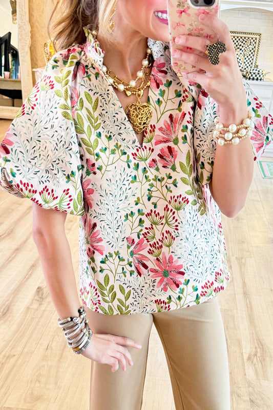 Ruffled Collard Puff Sleeve Pattern Top