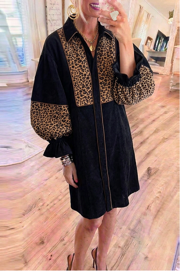 Leopard Patchwork Collared Balloon Sleeve Shift Dress