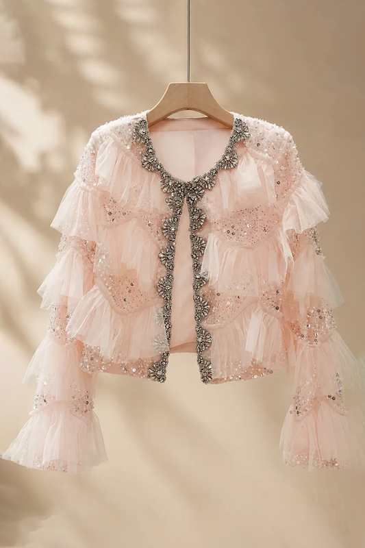 Pink Ruffle Tulle Rhinestone Jacket