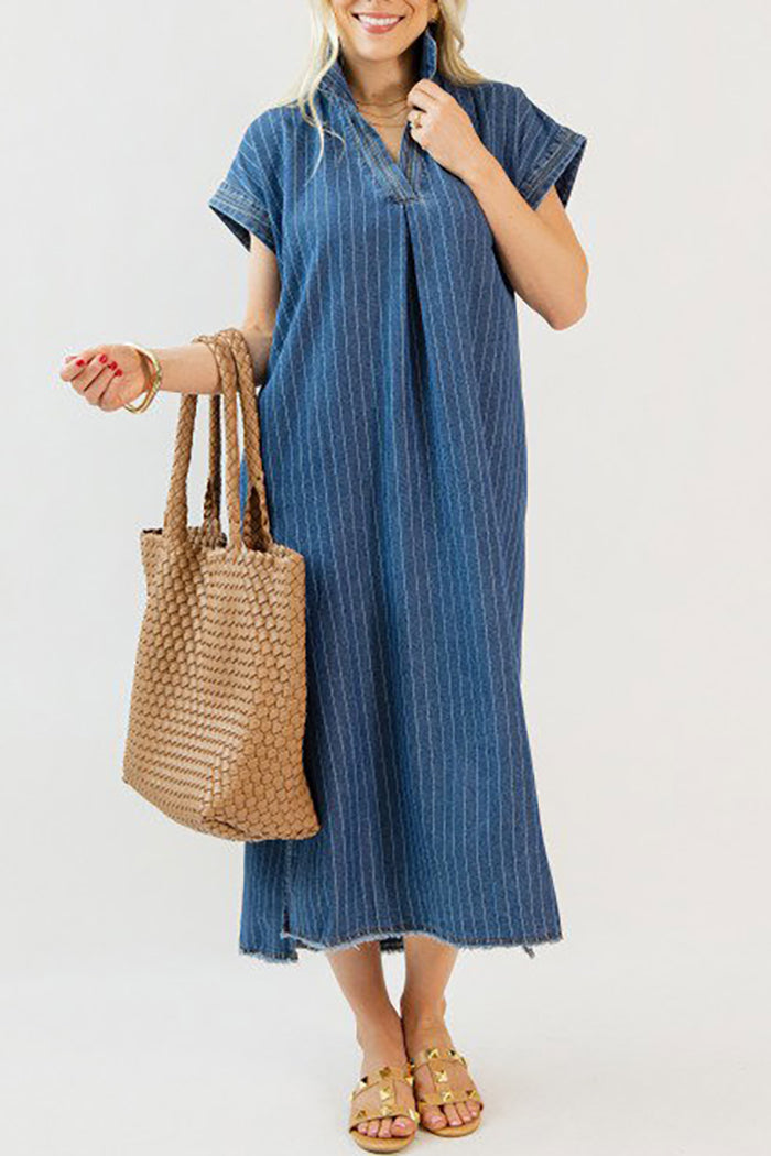 Pinstripe Denim Side Pocket Maxi Dress