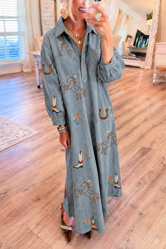 Western Denim-Style Pocket Maxi Dress