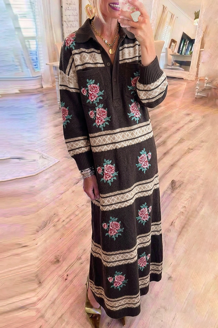 Dark Brown Rose Jacquard Knit Collared Maxi Dress