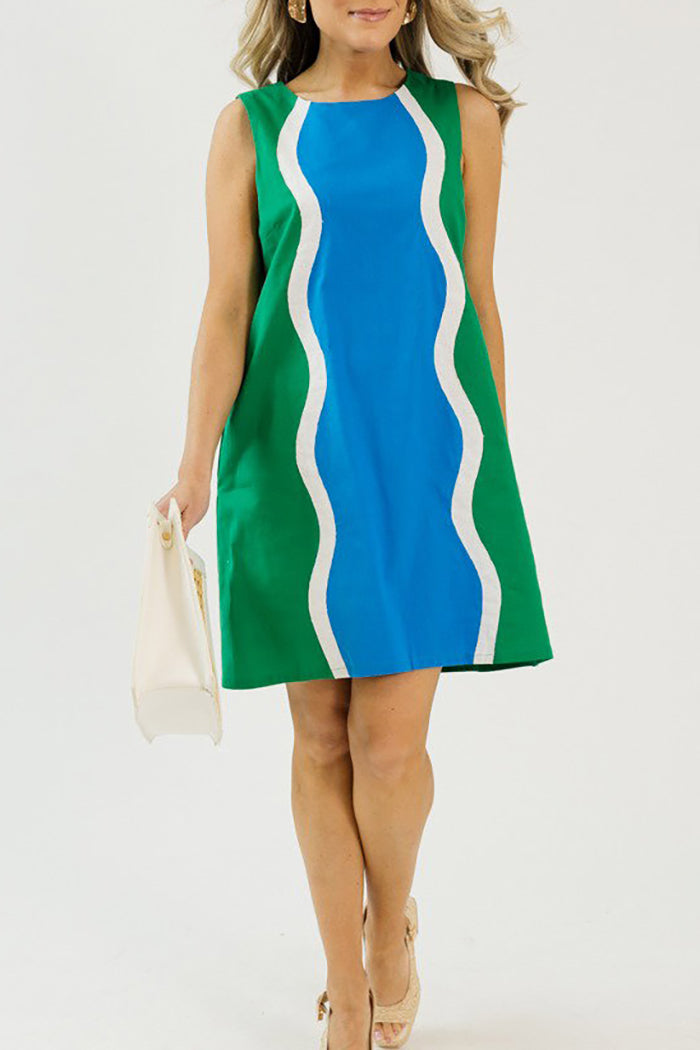 Wavy Contrast Color Block Sleeveless Pocket Dress