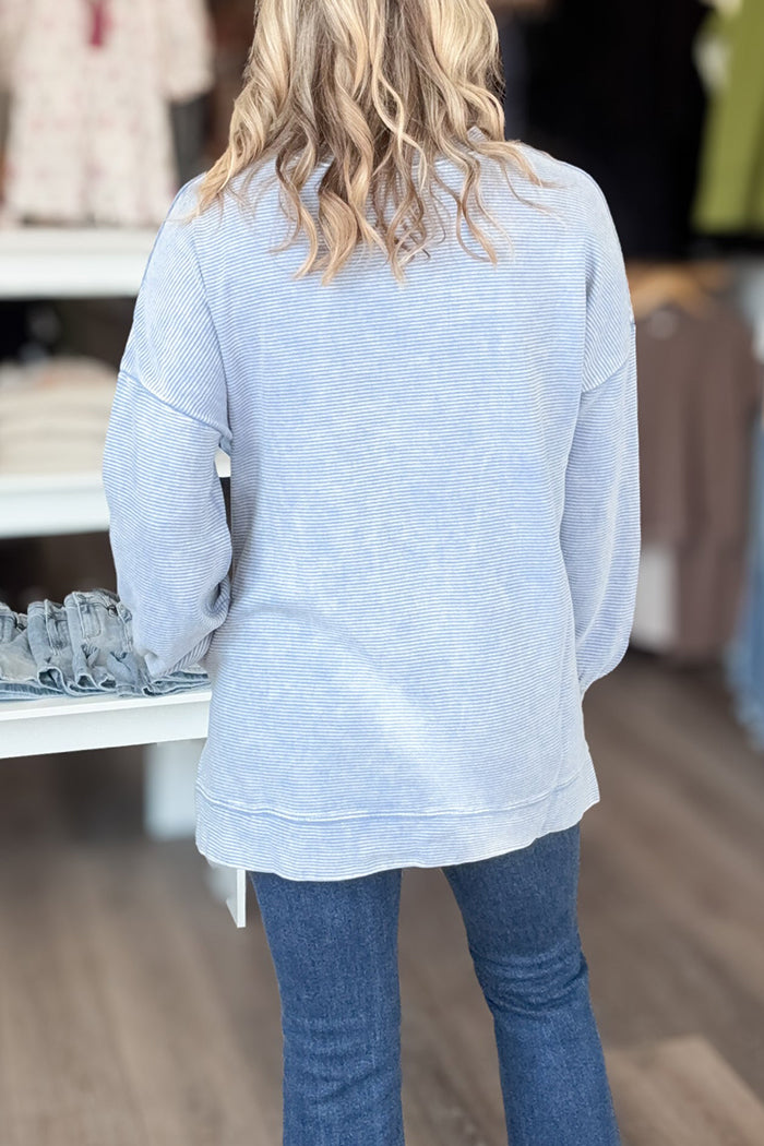 Casual Washed Ribbed Long Sleeved Hi Low Pullover Sweatshirt
