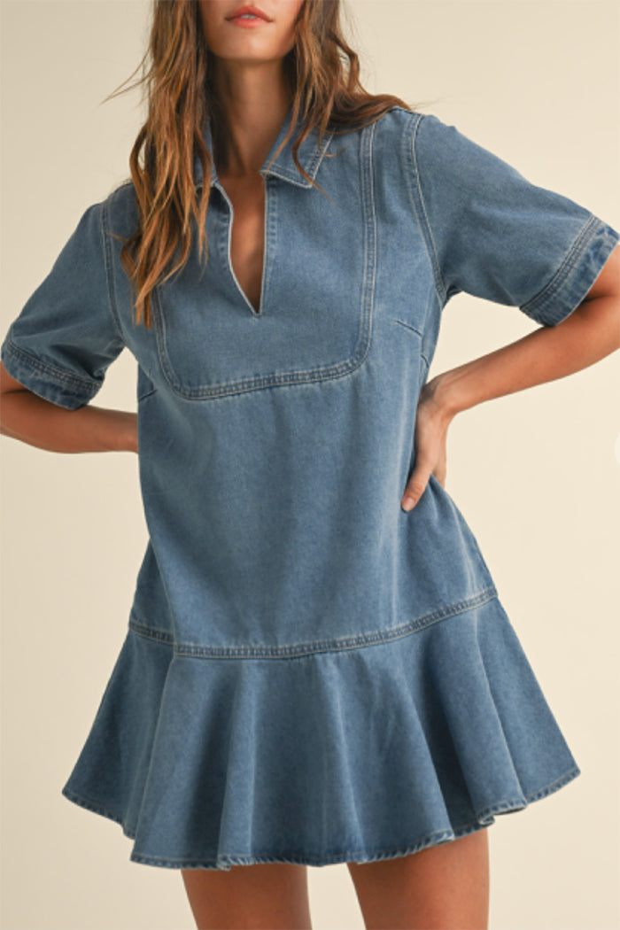 Collared Pocket Ruffle Hem Denim Dress