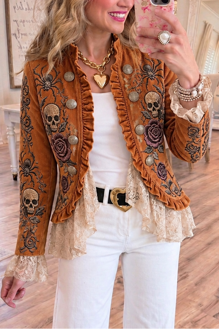 Burnt Orange Engraved Button Spider Skull Jacket