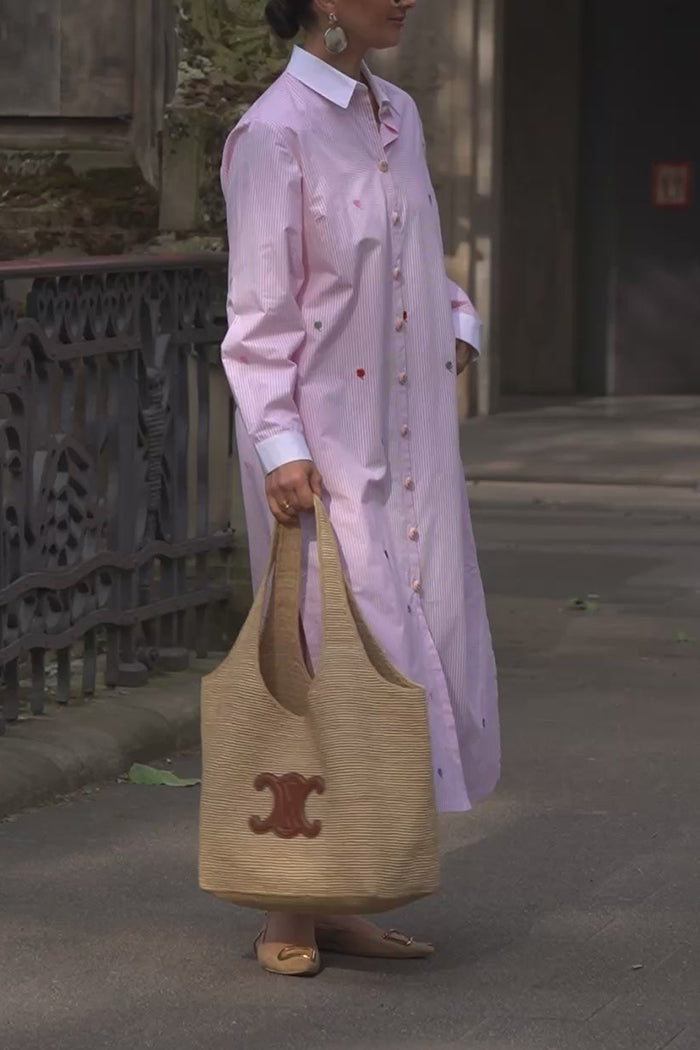 Pink Striped Detailed Collared Pocketed Shirt Dress