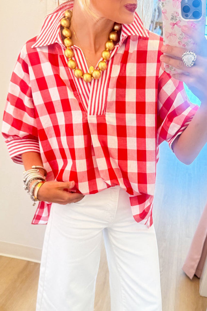 Casual Red Gingham Collared Top