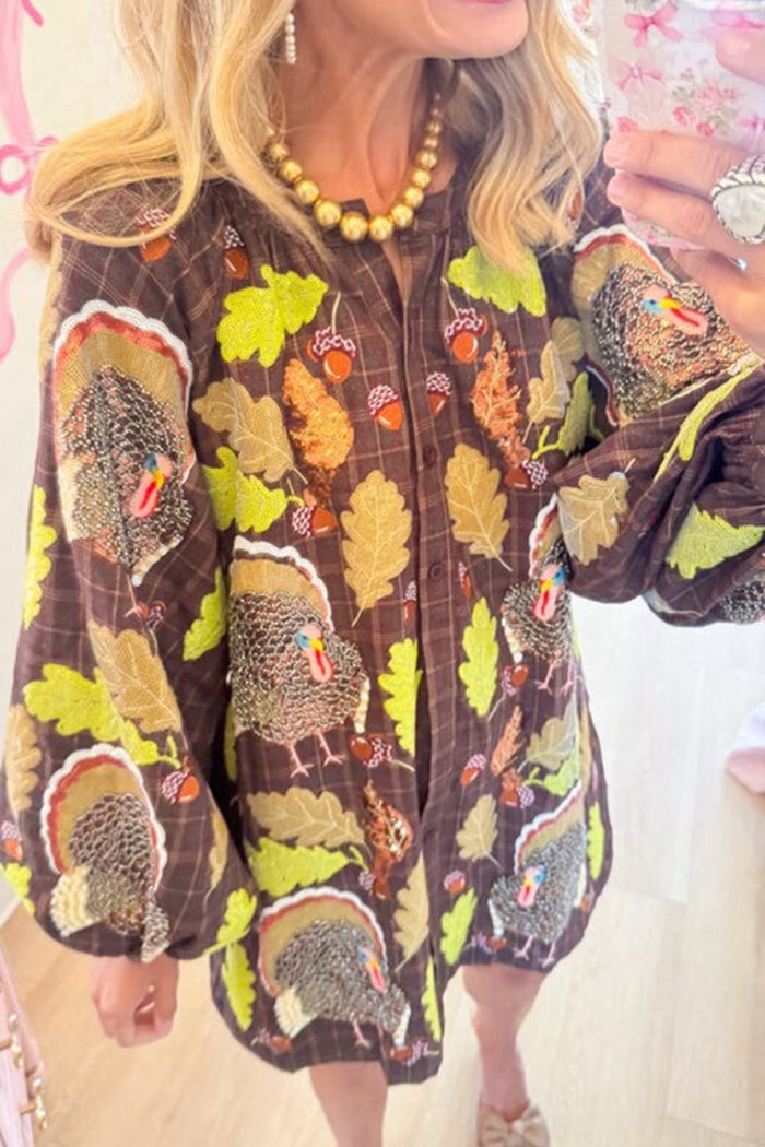 Plaid Turkey Puff Sleeve Pocket Dress