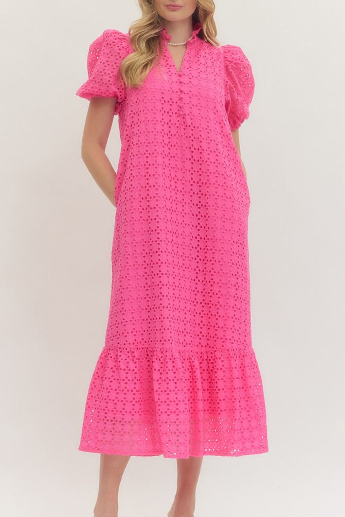 Puff Sleeve Ruffle Eyelet Midi Dress